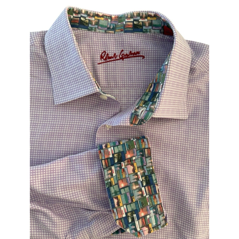 Robert Graham Shirt Mens XL Purple Violet Check Textured Flip Cuff Postcard